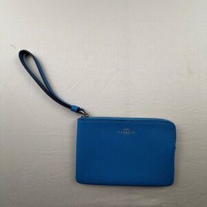 Coach Corner Zip Wristlet Crossgrain Leather Blue Women's Wallet